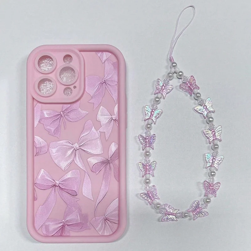 ピンクのリボン柄シリコン製iPhoneケース iPhone 16/17 Pro Max/15/14