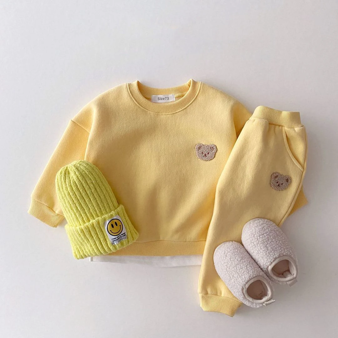 Kids Clothes Set Korean Baby Boys Winter Clothes Sets Warm Bear Velvet Pullover Sweatshirt Tops+Harem Pants Suits 2pcs Girls Fleece Lined Clothes