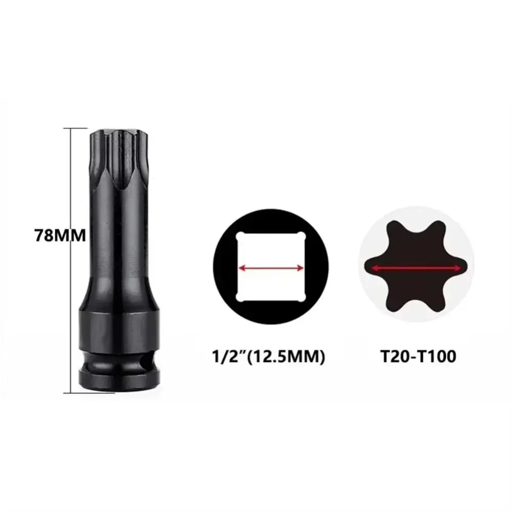 1Pcs Metric 1/2 Inch Shank Electric Drill Socket Adapter 78mm Length Long Bit Torx Socket T20-T100 Cr-Mo Steel Socket Wrench