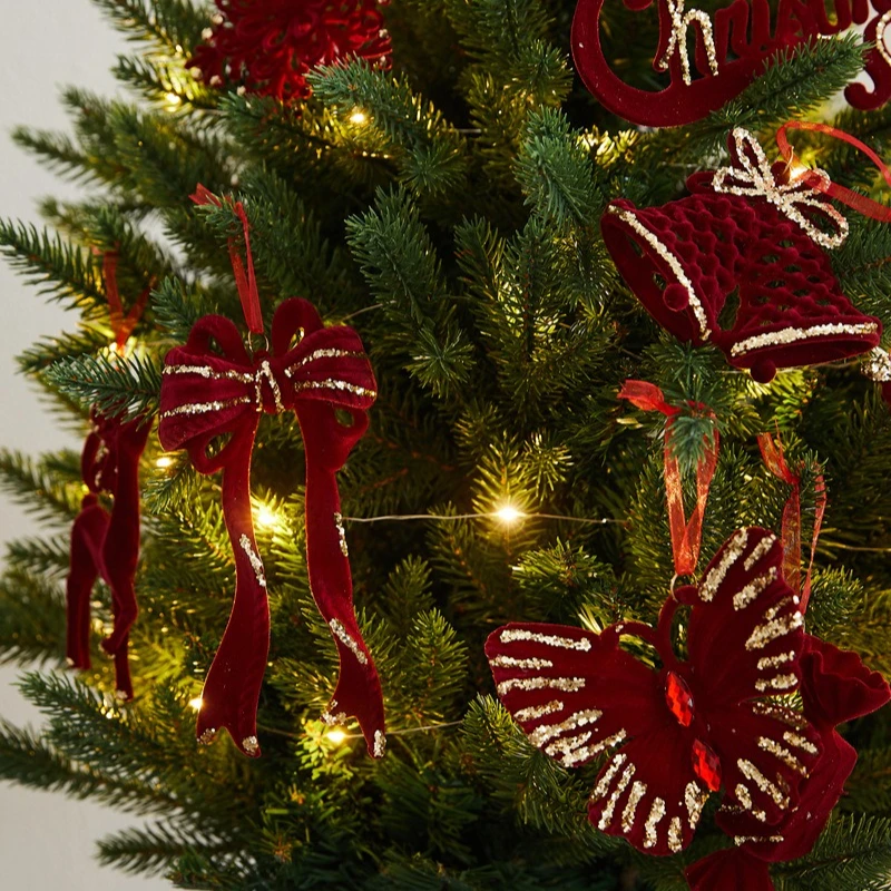 Exquisite2026 New Year Flocked Velvet Christmas Bowknot Pendant Wine Red Snowflake Bells Snowflake Reindeer Christmas Pendant