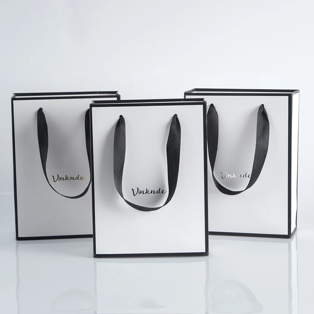 50pcs Custom Logo Luxury Retail Boutique Shopping Tote Bag White Black Kraft Gift Paper Bags For Perfume Shoes Clothes Packaging