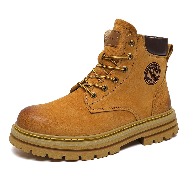 

High Top Boots Men Leather Shoes Winter Motorcycle Boots Women Yellow Boots Shell Head Boot For Men Military Boots