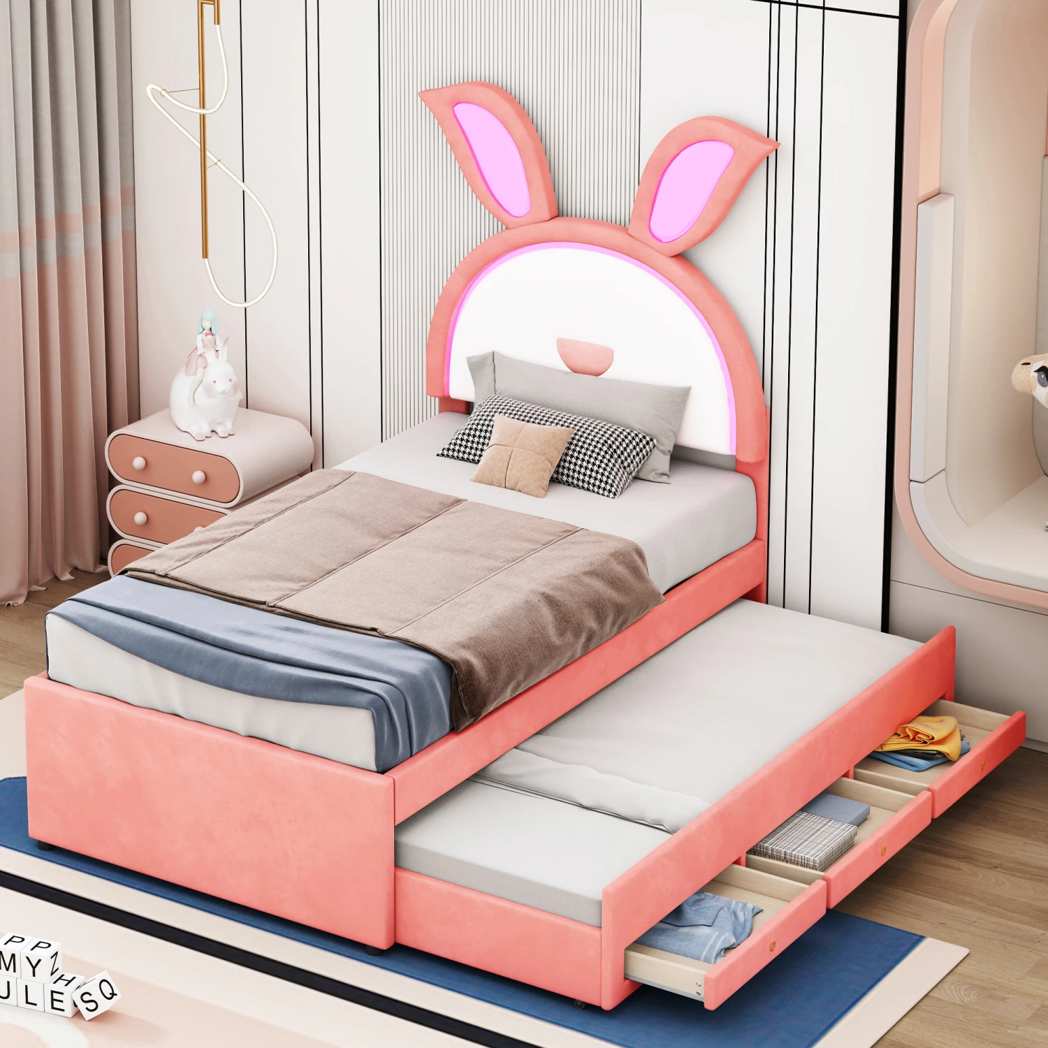 

Pink Rabbit-Shaped Twin Size Upholstered Platform Bed with Trundle, 3 Drawers, and Embedded LED Lights
