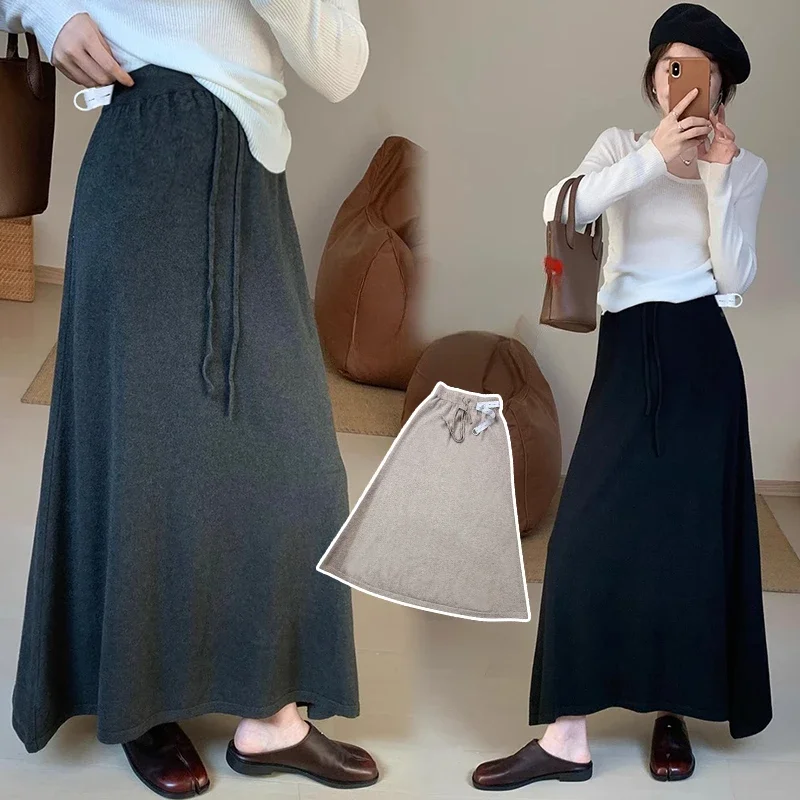Korean Style Winter Maternity Cashmere Skirt Solid Color Warm Pregnant Woman Knitting Skirts Adjustable Waist Maxi Skirts 92cm
