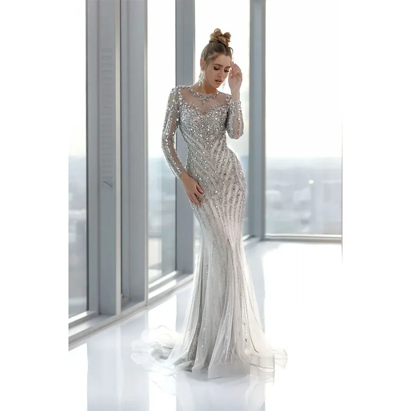 

Luxury Long Sleeve Evening Dresses 2024 Beaded Mermaid Beach Evening Gowns Sweep Train Formal Gowns Custom Made