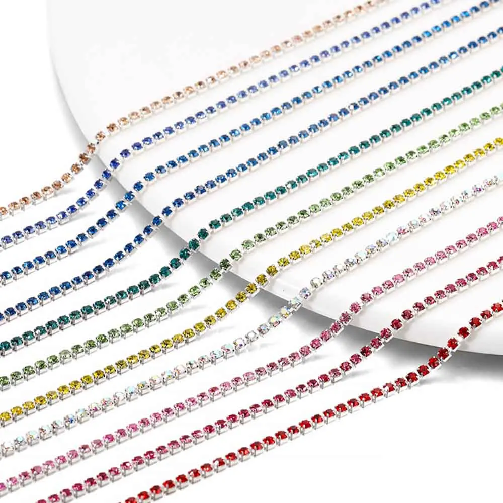 1Meter Rhinestones Chain Silver Base Glass Rhinestones Colorful Trimming Cup Chain for DIY Necklace Jewelry Making Accessoies
