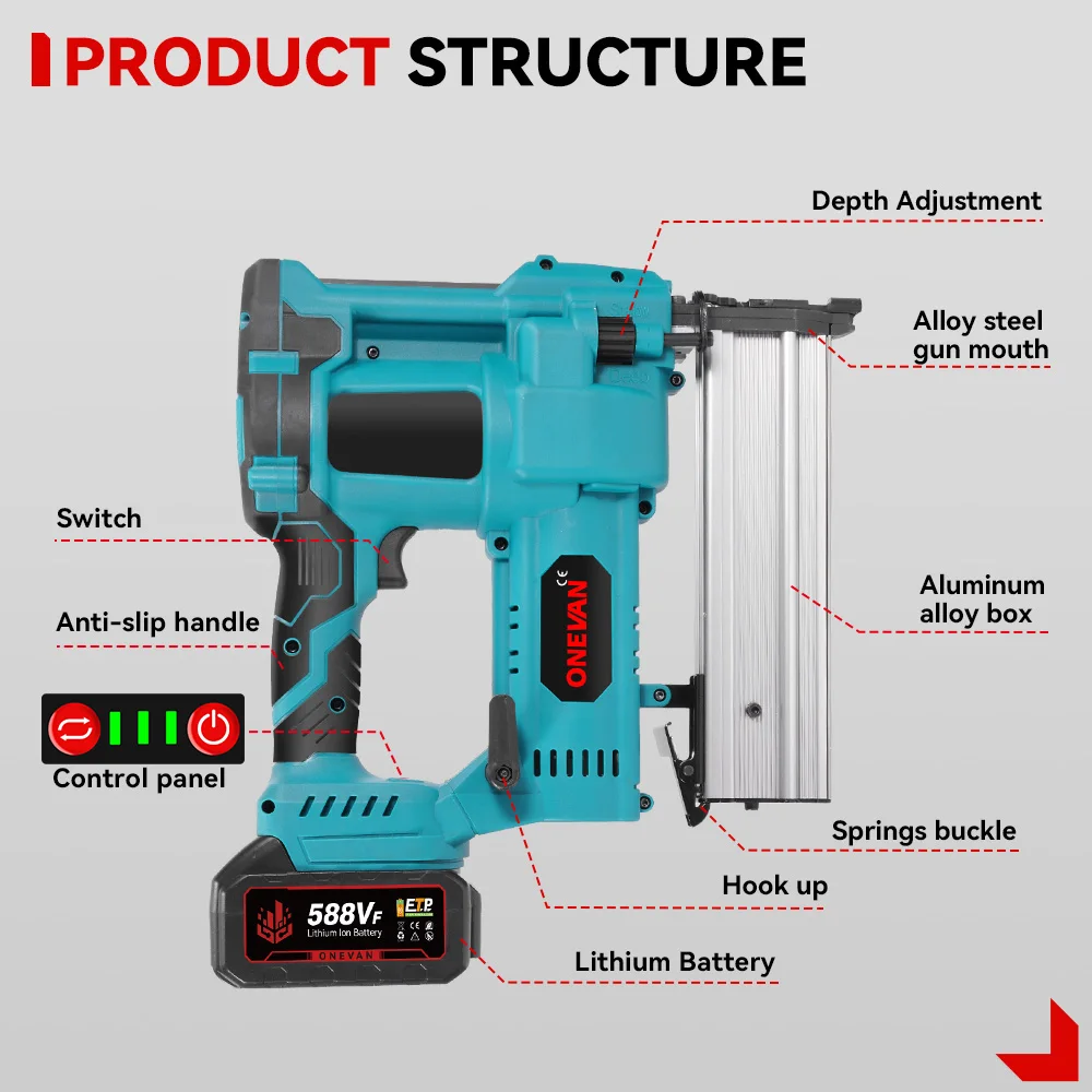 Luocute Cordless Brad Nailer, Electric Nail Gun 18V Battery Powered, 0.4‑0.8MPa Impact Drive, Depth Adjustment, 10-30MM Straight Nails, 100PCS Nails Capacity