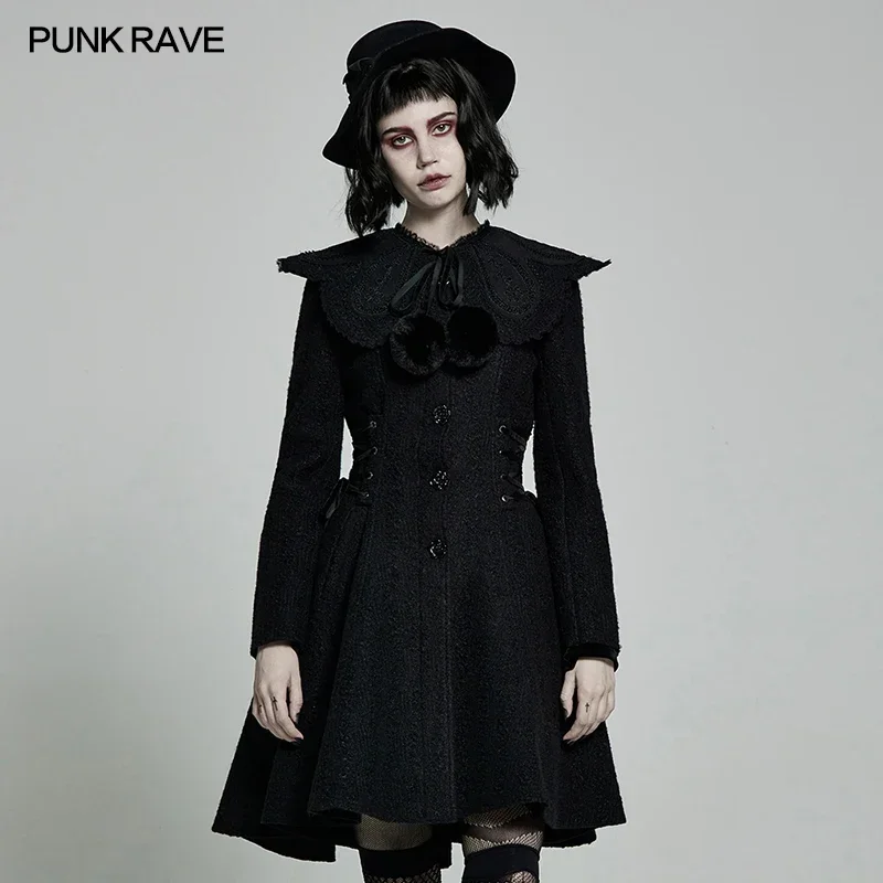 

PUNK RAVE Women's Gothic Woollen Wavy Jacquard Coat Girlish Feeling Retro Rose Detached Collar Winter Warm Black Long Jackets