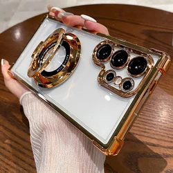 Four Corners Air Cushion Anti - Drop Transparent Electroplated Magnetic Stand Protective Case for SamsungS25Ultra (Gold)