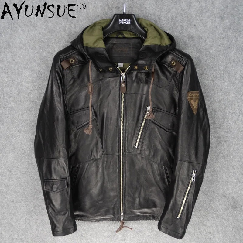 

Men Clothing Autumn Coat Male 5XL Hooded Clothes Real Sheepskin Leather Jacket Men's Windbreaker Hommes Veste LXR511