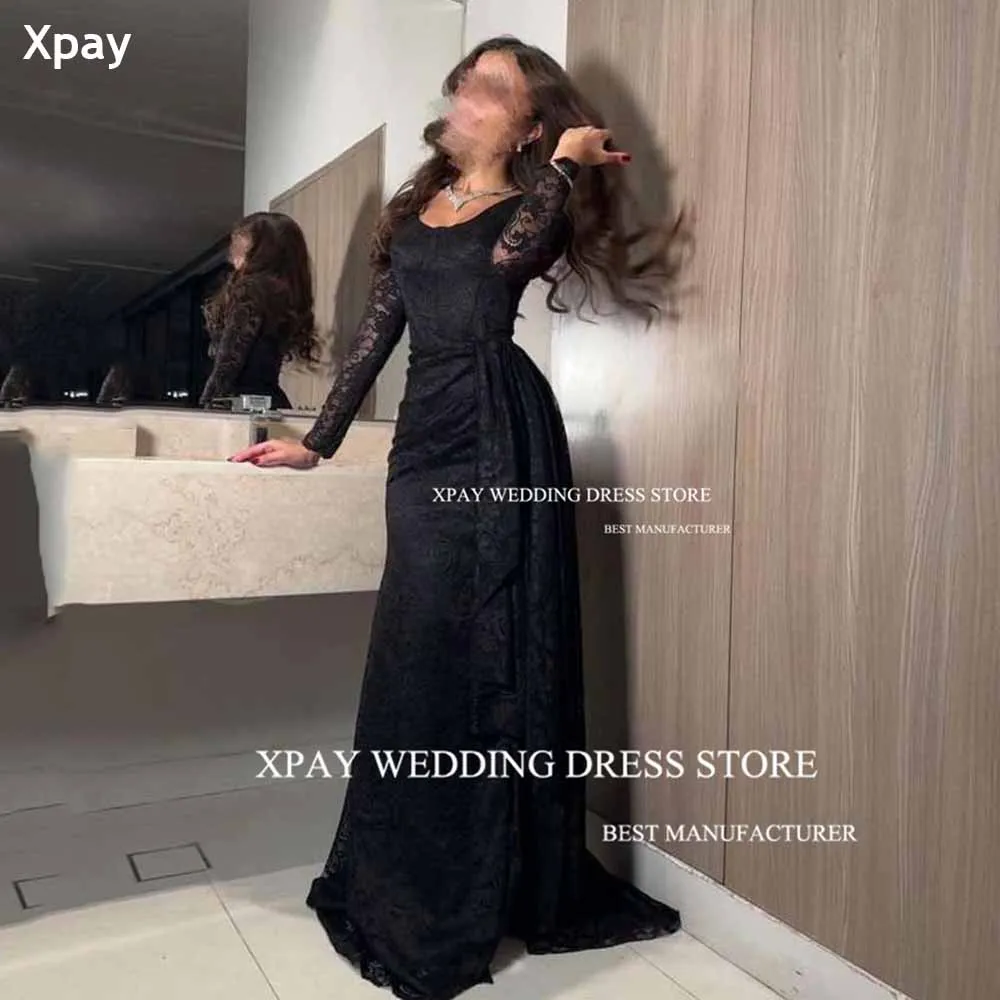

XPAY Sexy Lace Black Evening Dresses Long Sleeves Illusion Event Prom Gown Arabia Dubai Side Split Special Occasion Party Dress