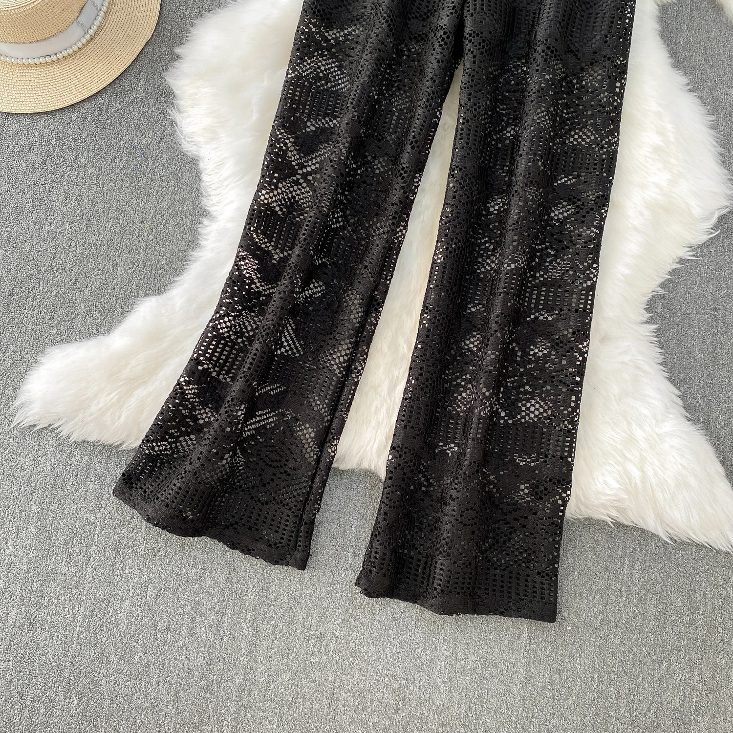 Summer Straight Pants for Women's 2025 New Bottoms High Waist Fashion Hollow Out Thin Pantalon Femme Korean Lace Trousers 63e165