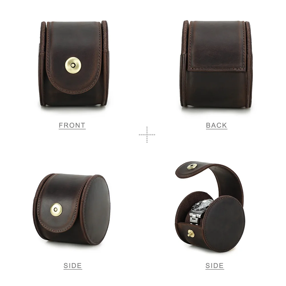 Retro Handmade 100% Genuine Leather Single Slot Watch Case Travel Portable Storage and Display Box with Removable Pillow