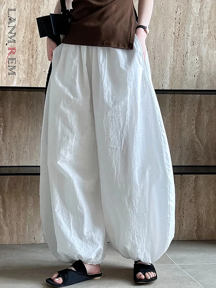 

[LANMREM] Elastic High Waist Lantern Pants For Women Solid Wide Leg Trousers Casual Loose Minimalism 2024 Summer New 26D9220