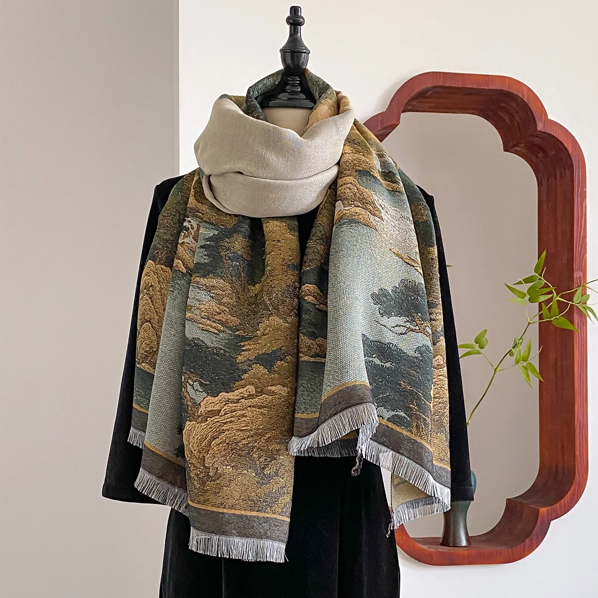 New Chinese Style Landscape Painting Women Scarf Soft Warm Pashmina Shawl Winter Outdoor Coldproof Windproof Blanket Wrap Scarf