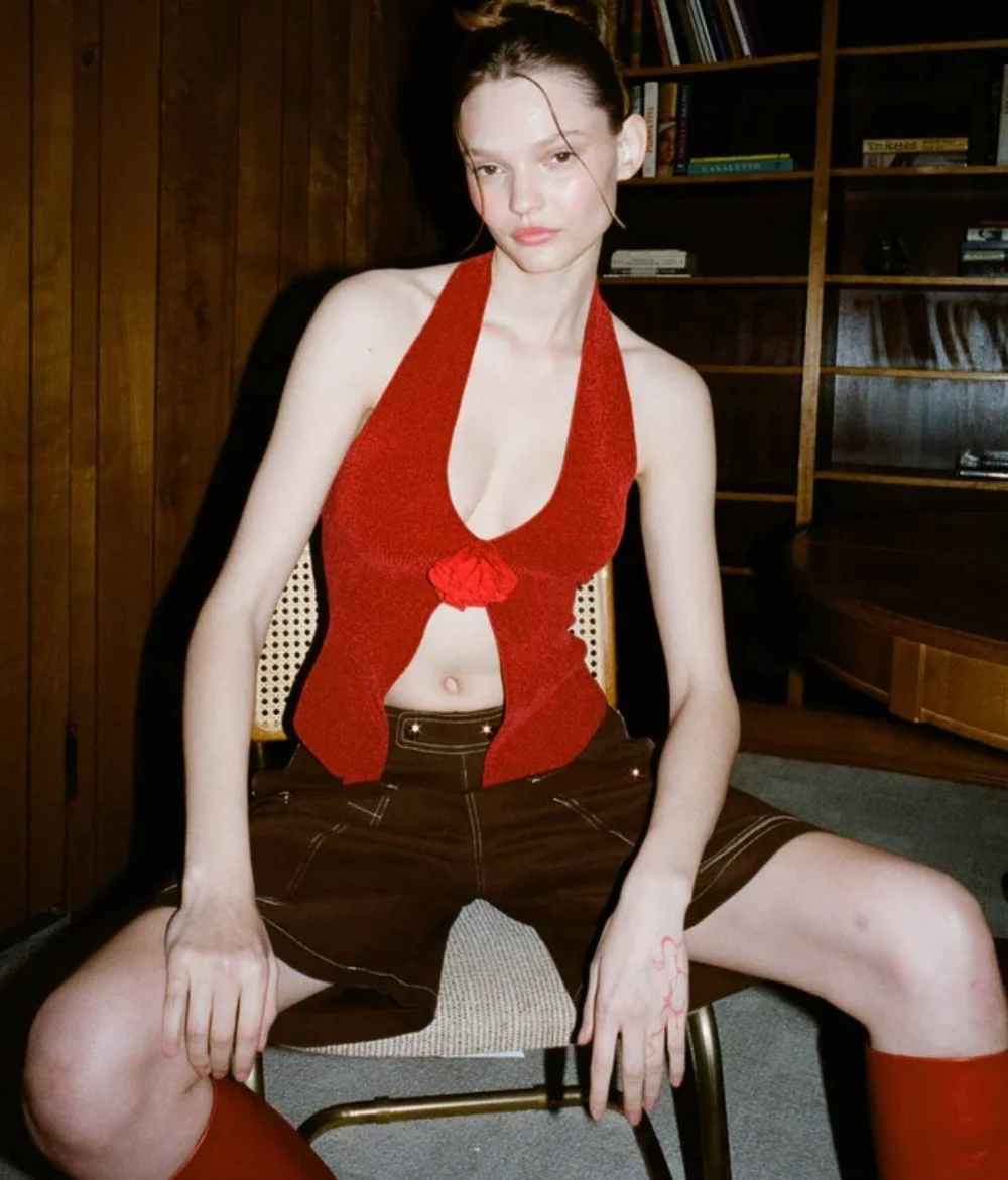 Camisetas de lana sin mangas con cuello halter para mujer, ropa con flores, top corto ajustado liso para mujer, chaleco sexy informal para vacaciones