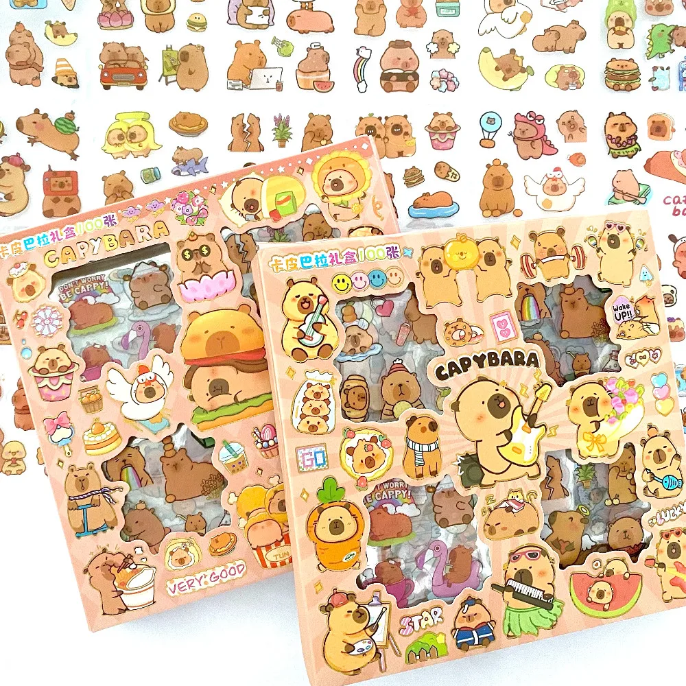 100pcs Kawaii Capybara 낙서 스티커 선물 상자 | 저널 및 테크 가젯용 인증 방수 PET 데칼 ?