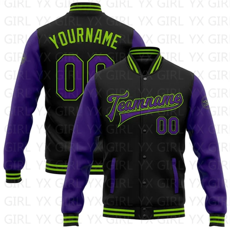 

Custom Black Purple-Neon Green Bomber Full-Snap Varsity Letterman Two Tone Jacket