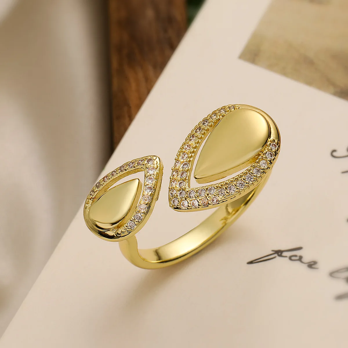 Punk Chunky Gold Color Glossy Droplet Double Opening Rings for Women Shiny Zircon Adjustable Retro Aesthetic Finger Ring Anillos