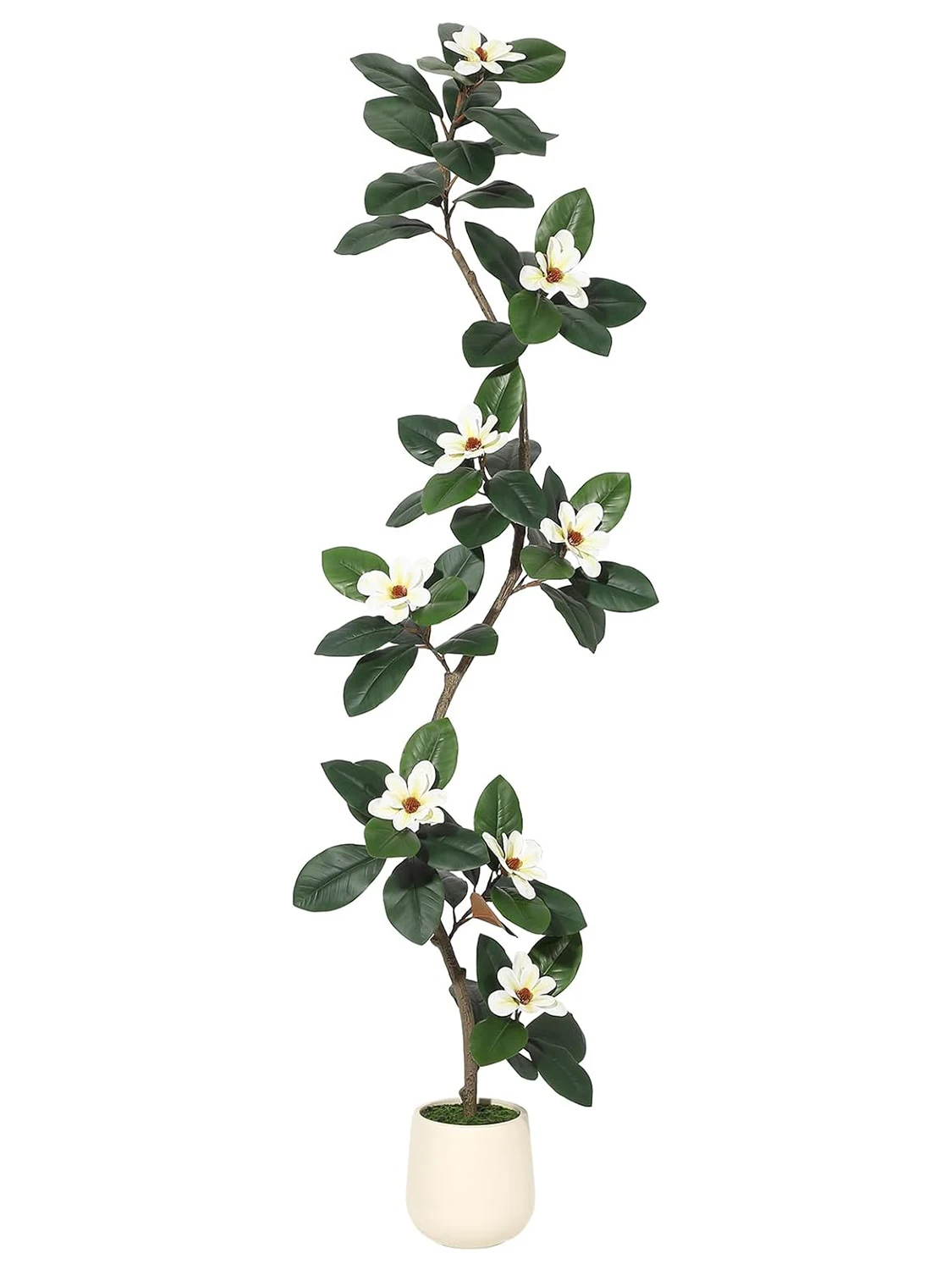 S-förmiger künstlicher Gummibaum mit weißem Pflanzgefäß, künstliche Pflanzen für den Innenbereich, künstliche Bäume mit Magnolienblüten für die Inneneinrichtung – Detail 5