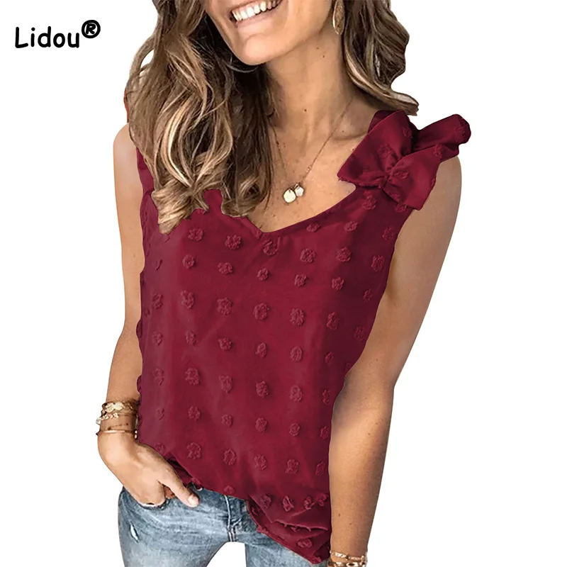 

Office Lady Jacquard Hair Ball Sleeveless Tunic Summer New Women's Clothes Temperament Folds Shoulder Strap Loose Chiffon Vest