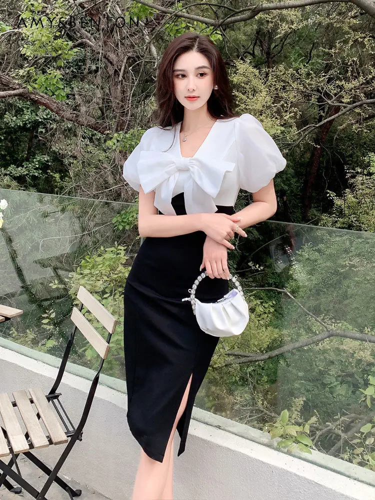 

Summer 2023 New French Style High-End Affordable Luxury Black and White Stitching Bow Dress Women's Tight Waist Split Dress