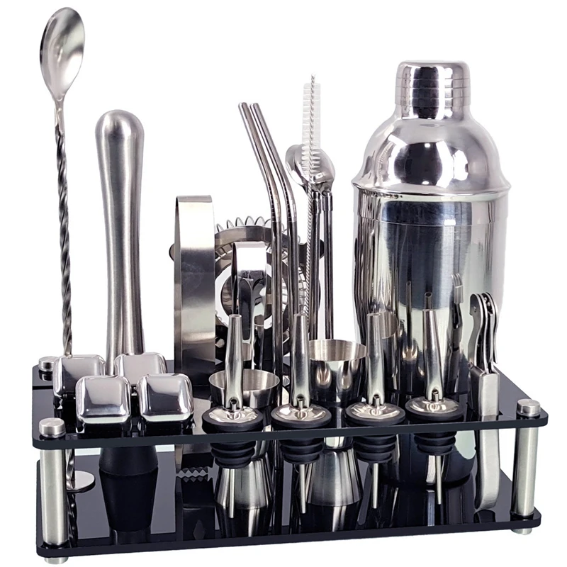 

HOT-Bartender Kit 23-Piece Cocktail Shaker Set Of Stainless Steel Ice Grain Acrylic Stand For Mixed Drinks Martini Bar Tools