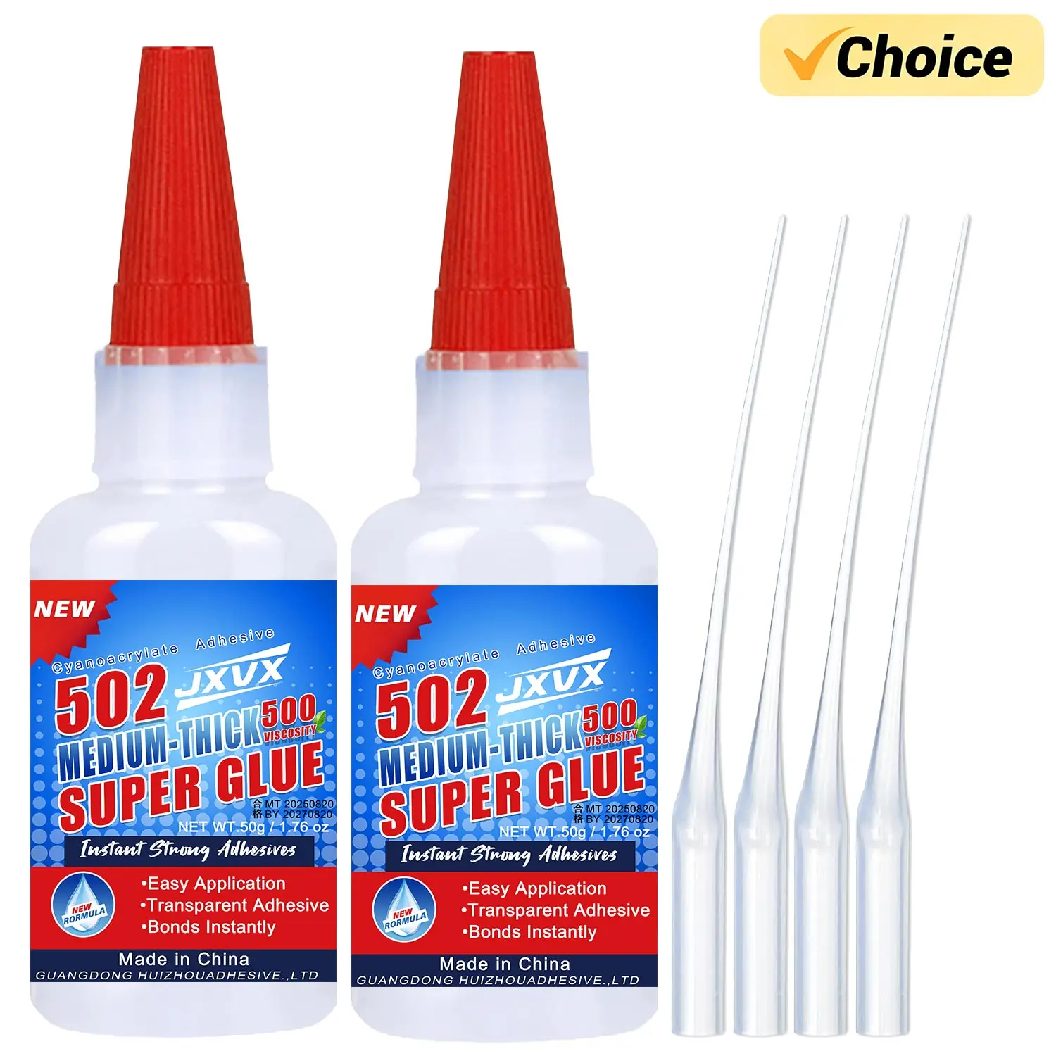 Tube de Colle Cyanoacrylate JXVX 20g-50g pour Modélisme avec embout fin, posé sur une table de travail