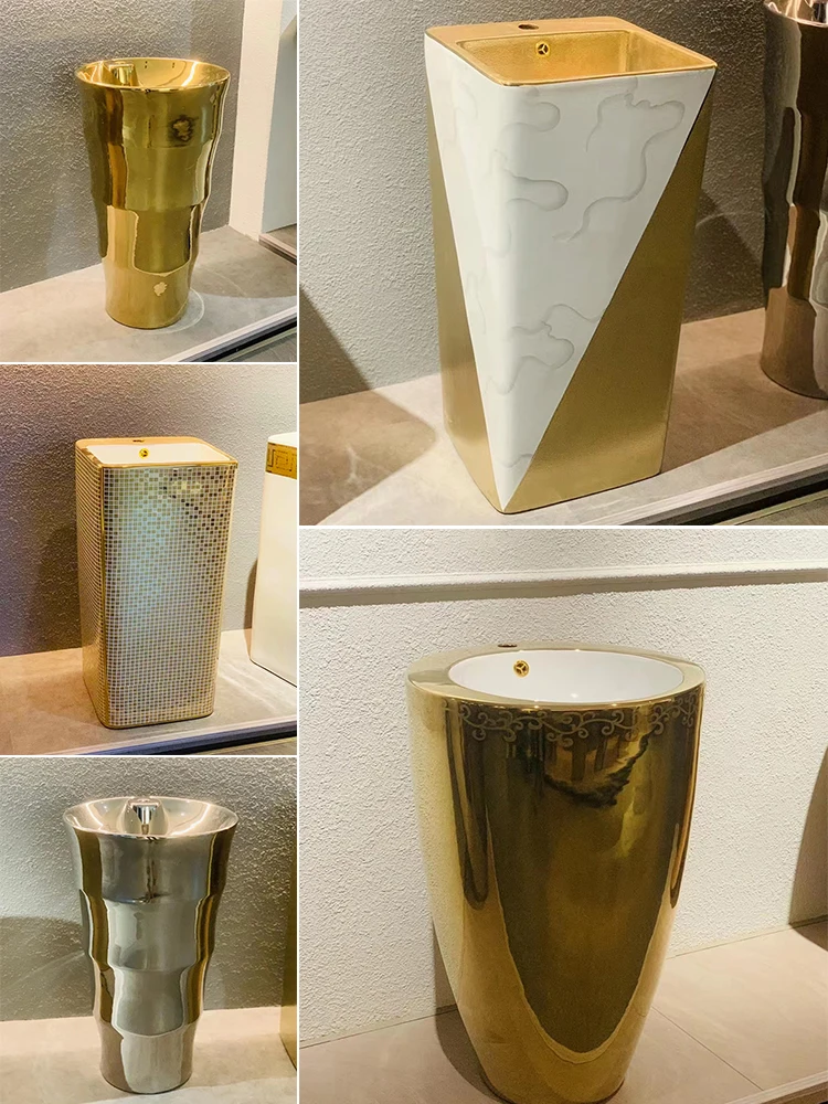 

Electroplated gold silver column basin integrated floor standing washbasin