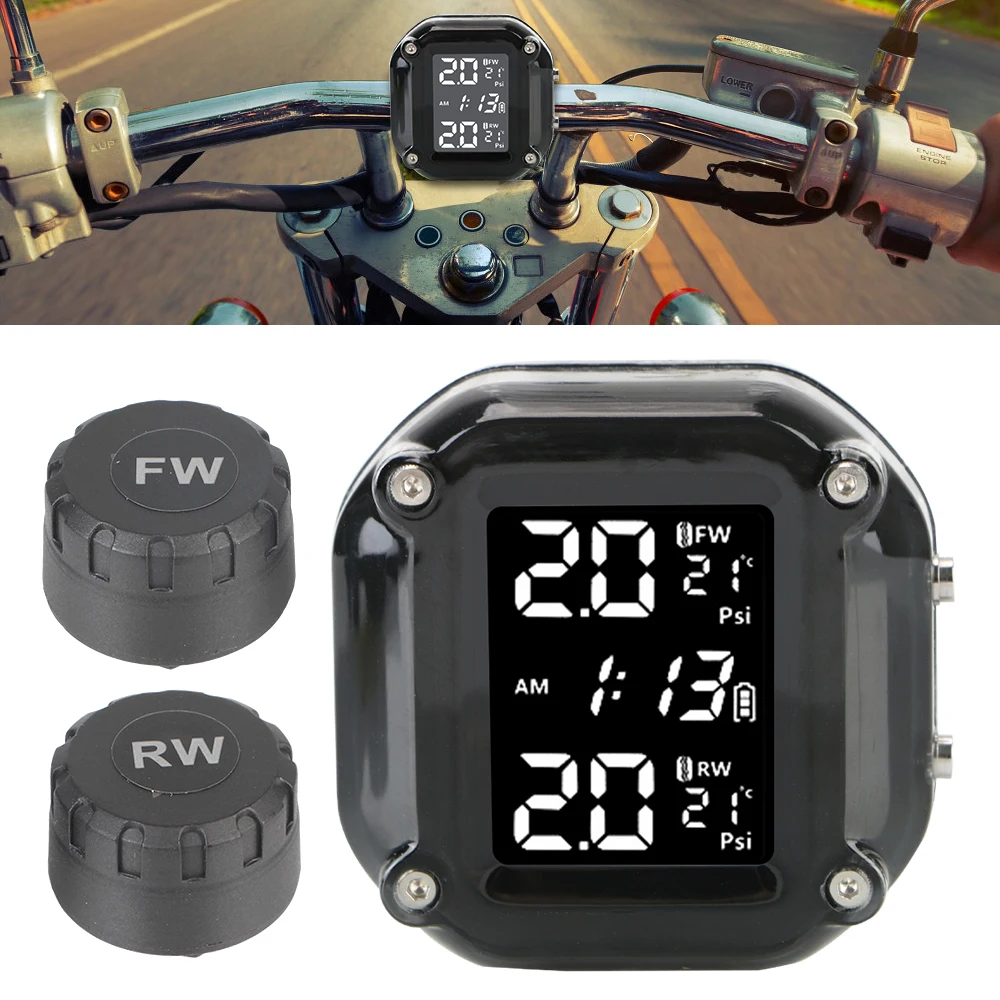 

LCD Display Motorcycle TPMS Tyre Temperature Wireless Motor Tire Pressure Monitoring Alarm System With 2 External Sensors