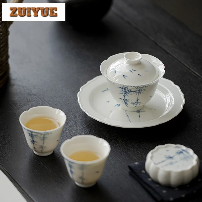 120ml Jade Mud Flower Mouth Gaiwan Hand-painted Bamboo Cover Bowl Boutique High-feet Tea Tureen Tea Maker Chinese Set Gift