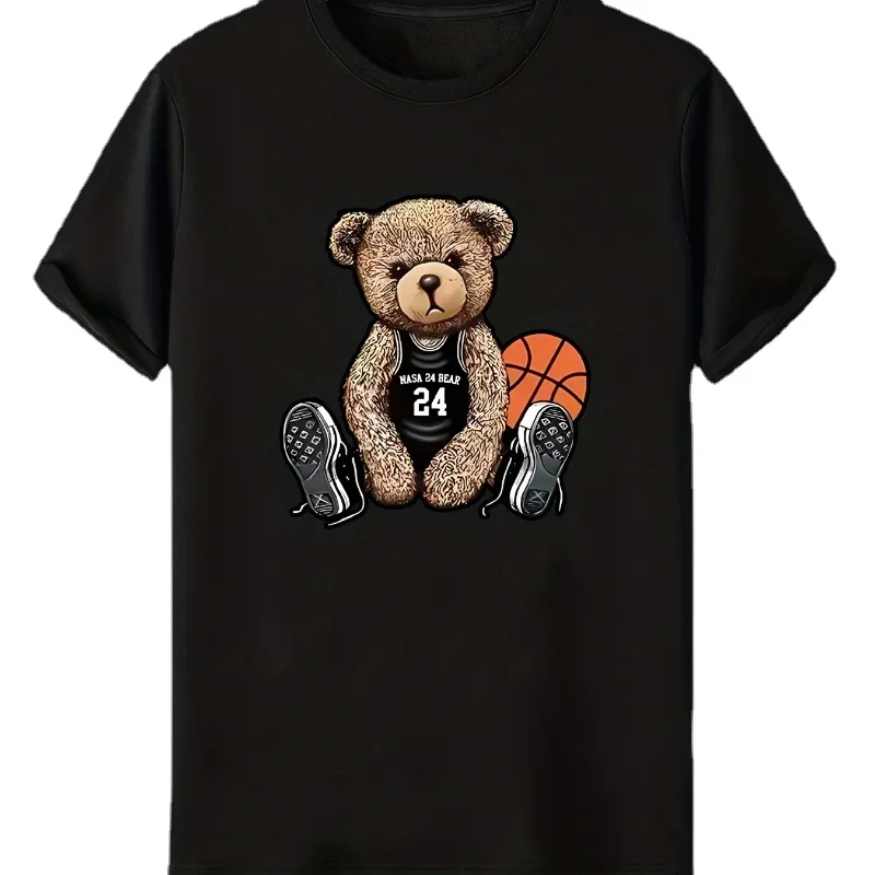 

Men's Basketball Bear Cartoon Print Round Neck Short Sleeve T-shirt, Casual Fashion Graphic Tee Loungewear Pajamas Men Clothing