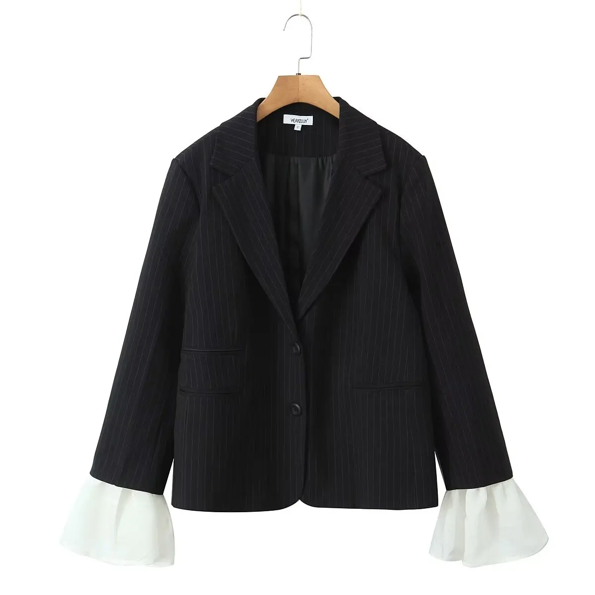 Chill Gray Striped Removable Flare Cuff Blazer Boyfriend Vintage Women Notched Collar Loose Suit Fashion Coat Black