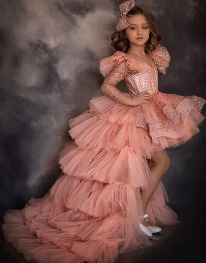 

Gorgeous Pink High-Low Puffy Girls Birthday Dress Long Sleeves Princess Pageant Prom Dresses Wedding Flower Girl Dress