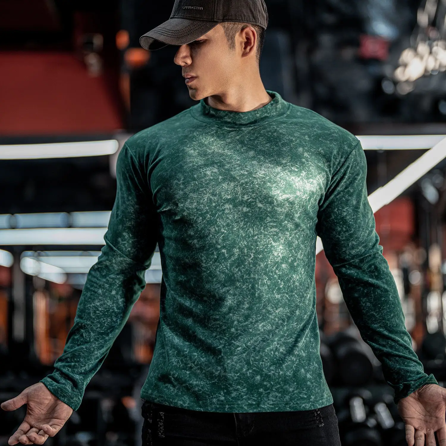 Tie Dye Velvet Long Sleeved Men's Fitness T Shirt - Image 5