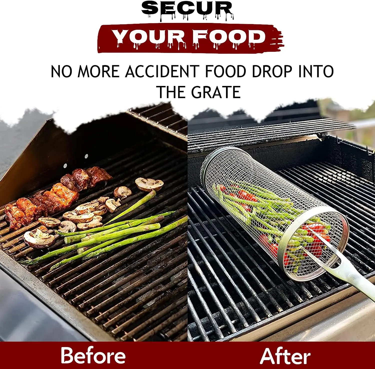 Rolling Grilling BBQ Basket Stainless Steel Wire Mesh Cylinder Grill Basket Portable Outdoor Camping Barbecue Rack Tools