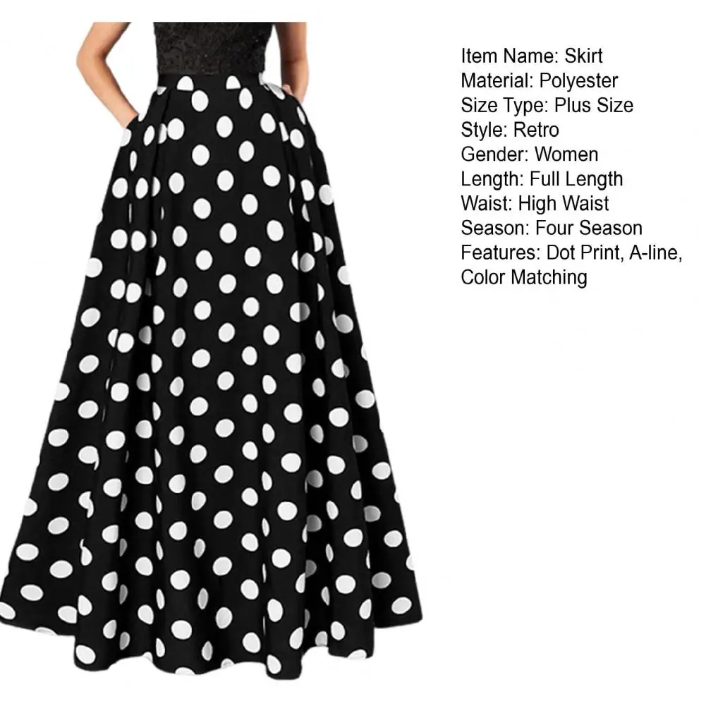 Dot Print Retro A-line Big Hem Skirt Women Maxi Skirt High Waist Side Pockets Loose Full Length Lady Prom Party Long Skirt