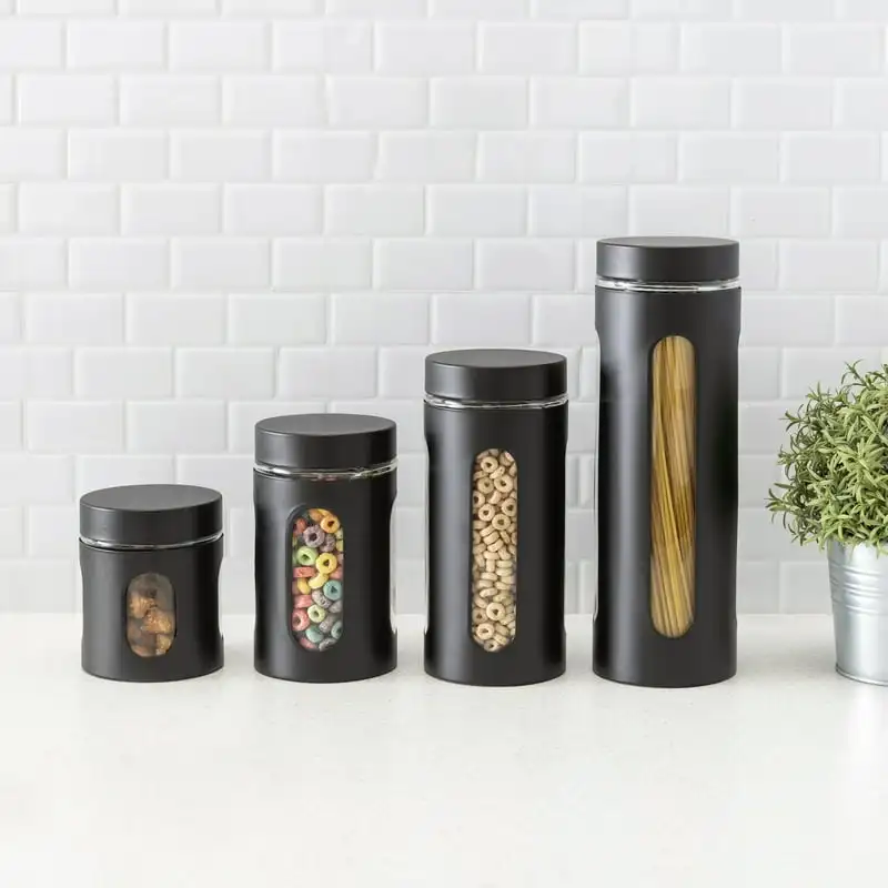 

Piece Stainless Steel Canisters with Multiple Peek-Through Windows, Black