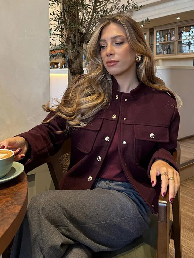 Elegant Women's Burgundy Cropped Jacket Female Stand Collar Single Breasted Full Sleeve Pocket Coat 2024 Autumn Lady Outwear New 2