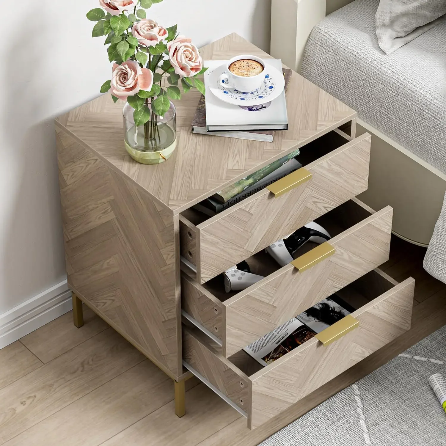 2pcs 3 Drawer Nightstand for Bedroom, Set of 2 Side Tables with 3 Drawers, Modern Wood Nightstand Square Bedside Table End Table 4