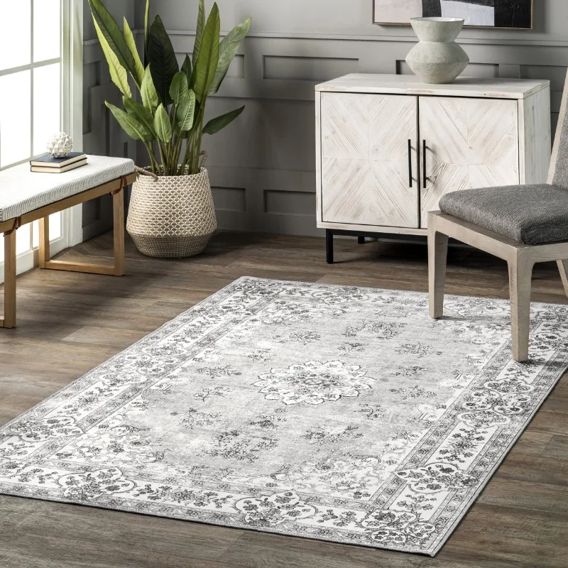 

nuLOOM Ren Vintage Floral Machine Washable Area Rug, 5' x 8', Gray