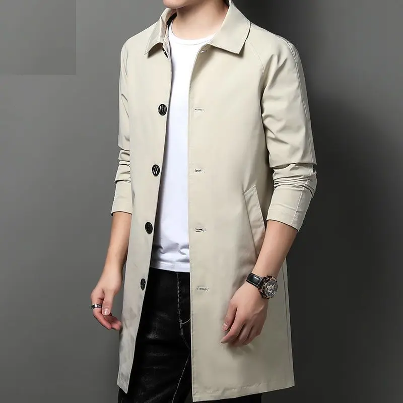 Spring Autumn Solid Color Turn-down Collar Long Sleeve Windbreaker Man High Street Casual Mid-length Button Pocket Cardigan