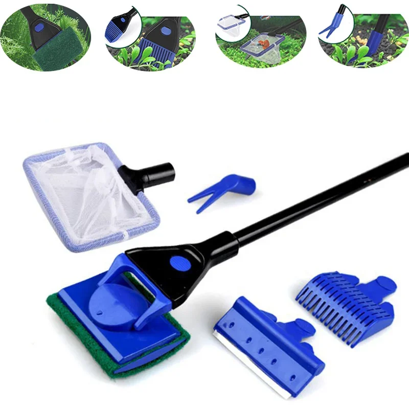 

5 In 1 Aquarium Cleaning Tools Aquarium Tank Clean Set Retractable Fish Net Gravel Rake Algae Scraper Fork Sponge Brush Glass