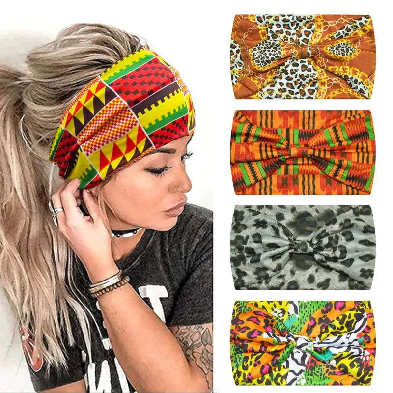 Yoga Boho Stretch Headband African Pattern Print Twist Style Elastic Hair Band Wide Hairbands Bandana Turban Knot Headwrap DIY