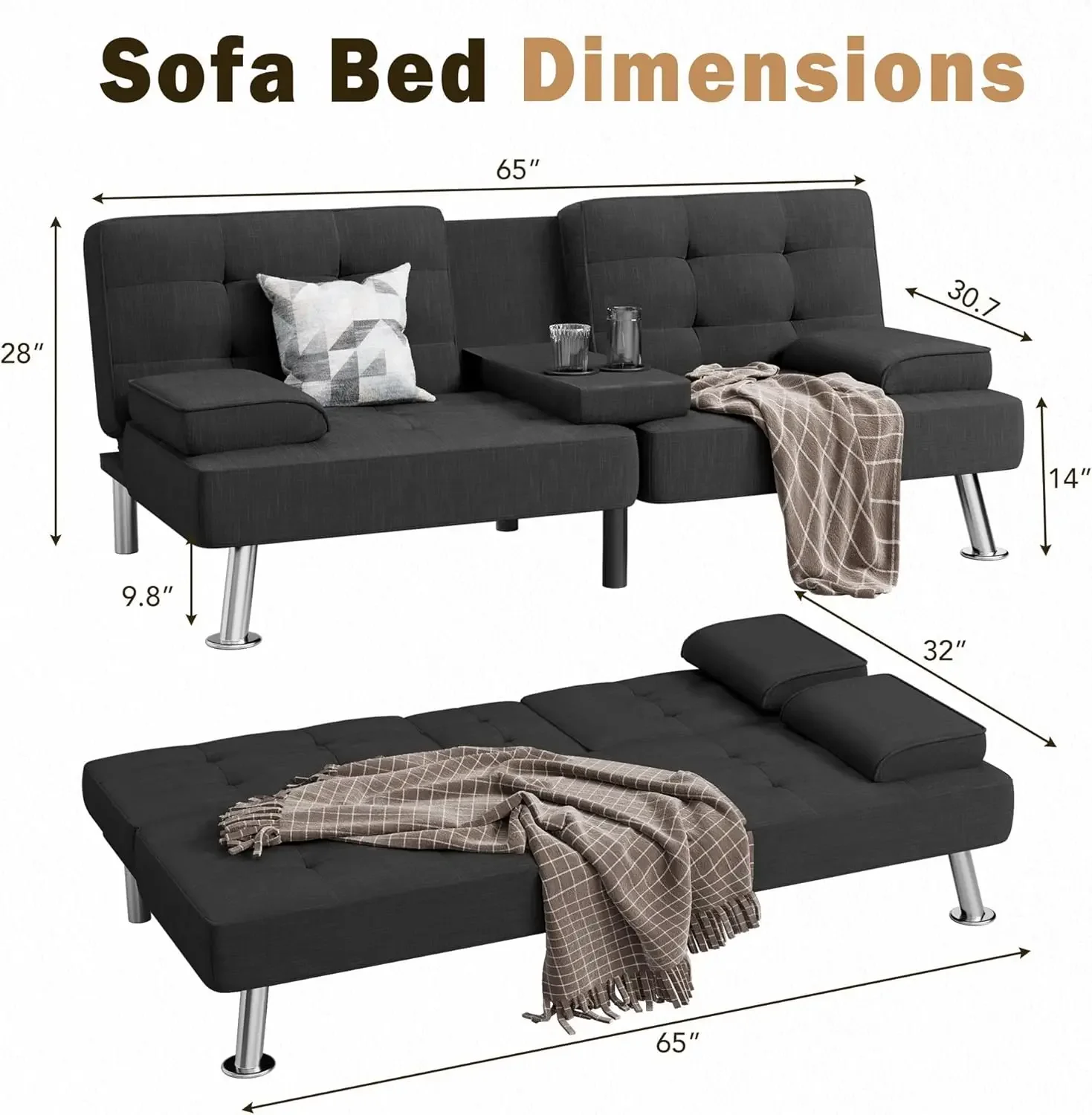 Modern Linen Upholstered Convertible Folding Futon Sofa Bed with Removable Armrests, Metal Legs, 2 Cup Holders for Living Room - Image 2