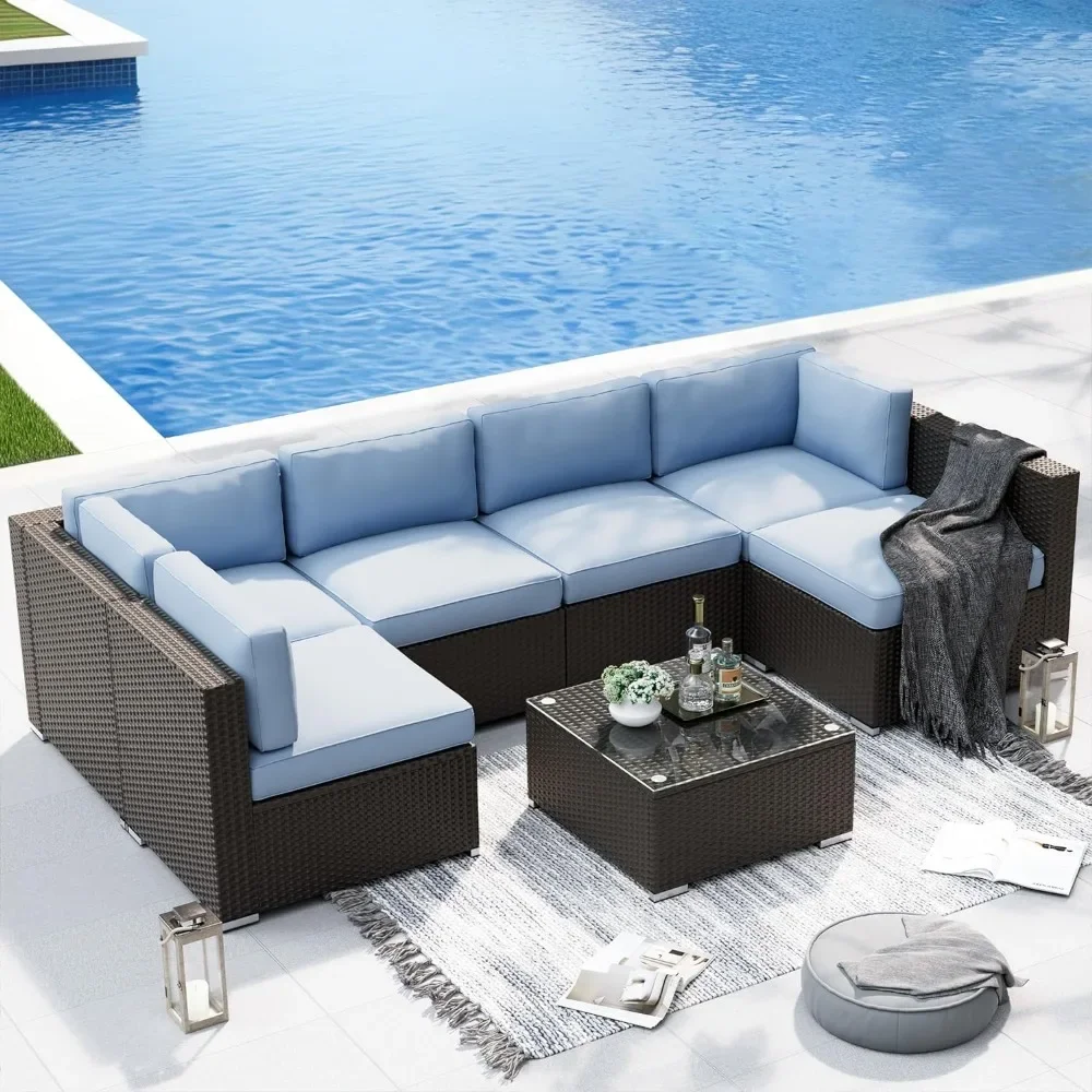 

Outdoor Sofa Sets, All-Weather Wicker Sectional Conversation Set with Glass Coffee Table ,7-Piece Outdoors Garden Sofas Sets