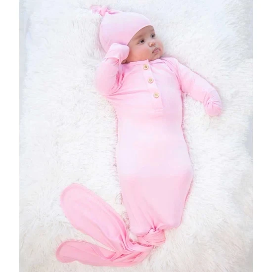 Newborn Infant Solid Color Baby Sleeper 95% Bamboo 5% Spandex Comfortable Soft Newborn Knotted Gowns