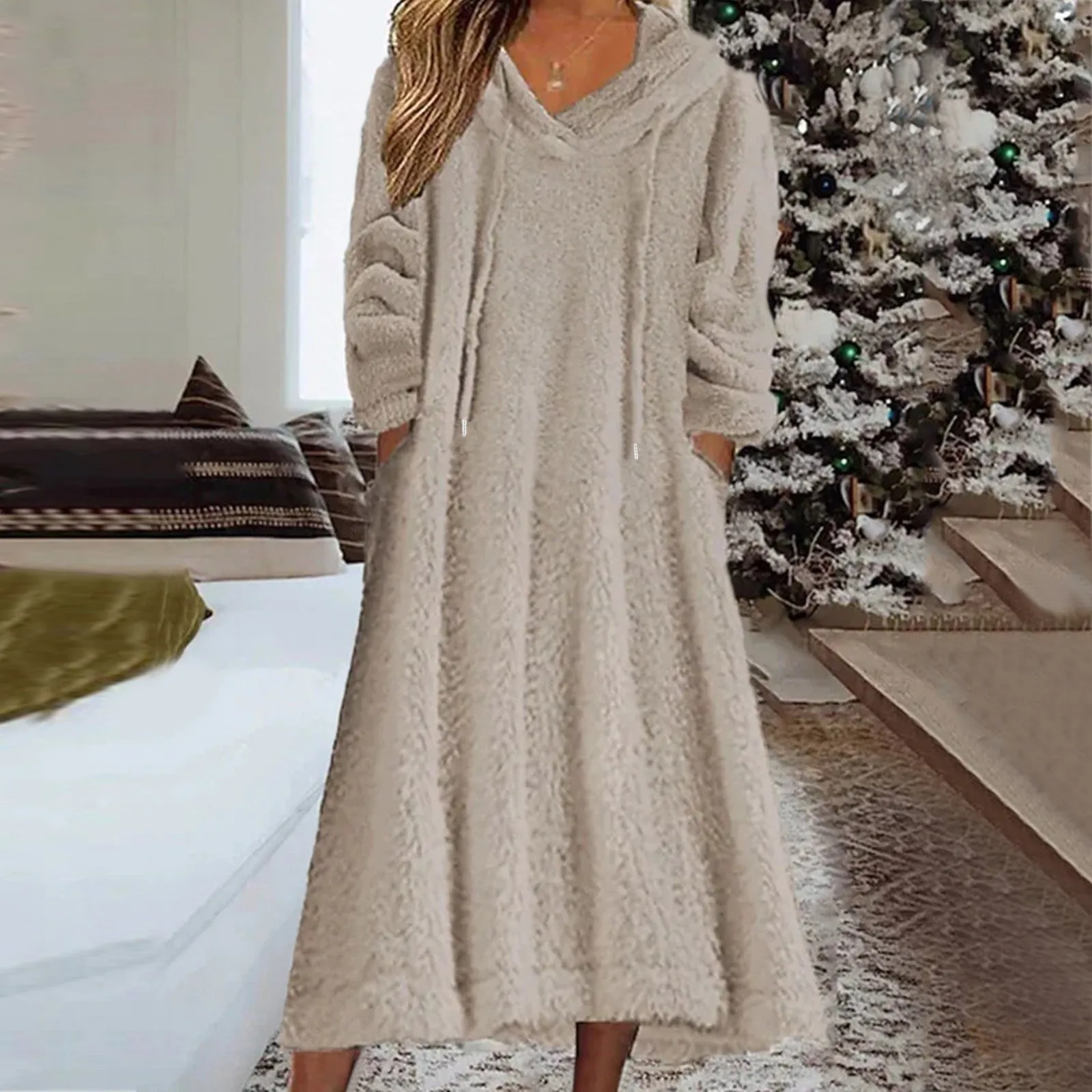 

Women Fuzzy Fleece Sleep Dress Fall Winter Warm Lounge Wear Outfit Long Sleeve Drawstring Hooded Sweatshirt Dress with Pockets