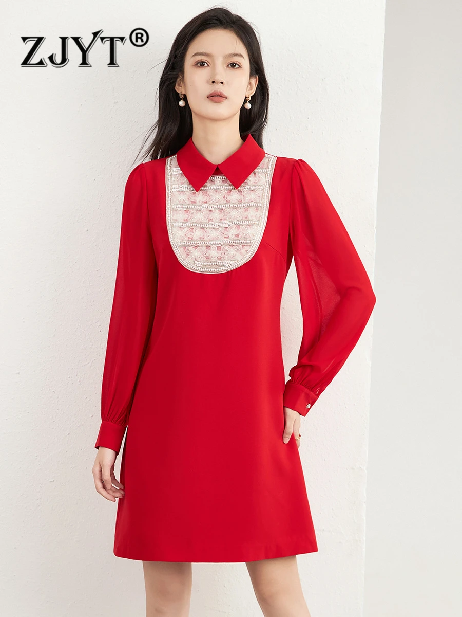 

ZJYT Designer Elegant Autumn Dresses for Women 2023 Long Sleeve Beading Patchwork Party Vestidos Red Black Casual Simple Robe