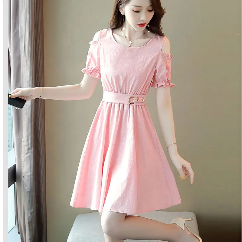 CB687 Nuna Dress -氣質圓領麻質布料連身裙- Pink 粉紅色